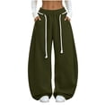 thumbnail image 3 of Women's Wide Leg Sweatpants, Curved Leg Pants with Elastic Waist, Drawstring & Side Pockets, Running Hiking Casual Wear | VerBelle,Army Green L, 3 of 9