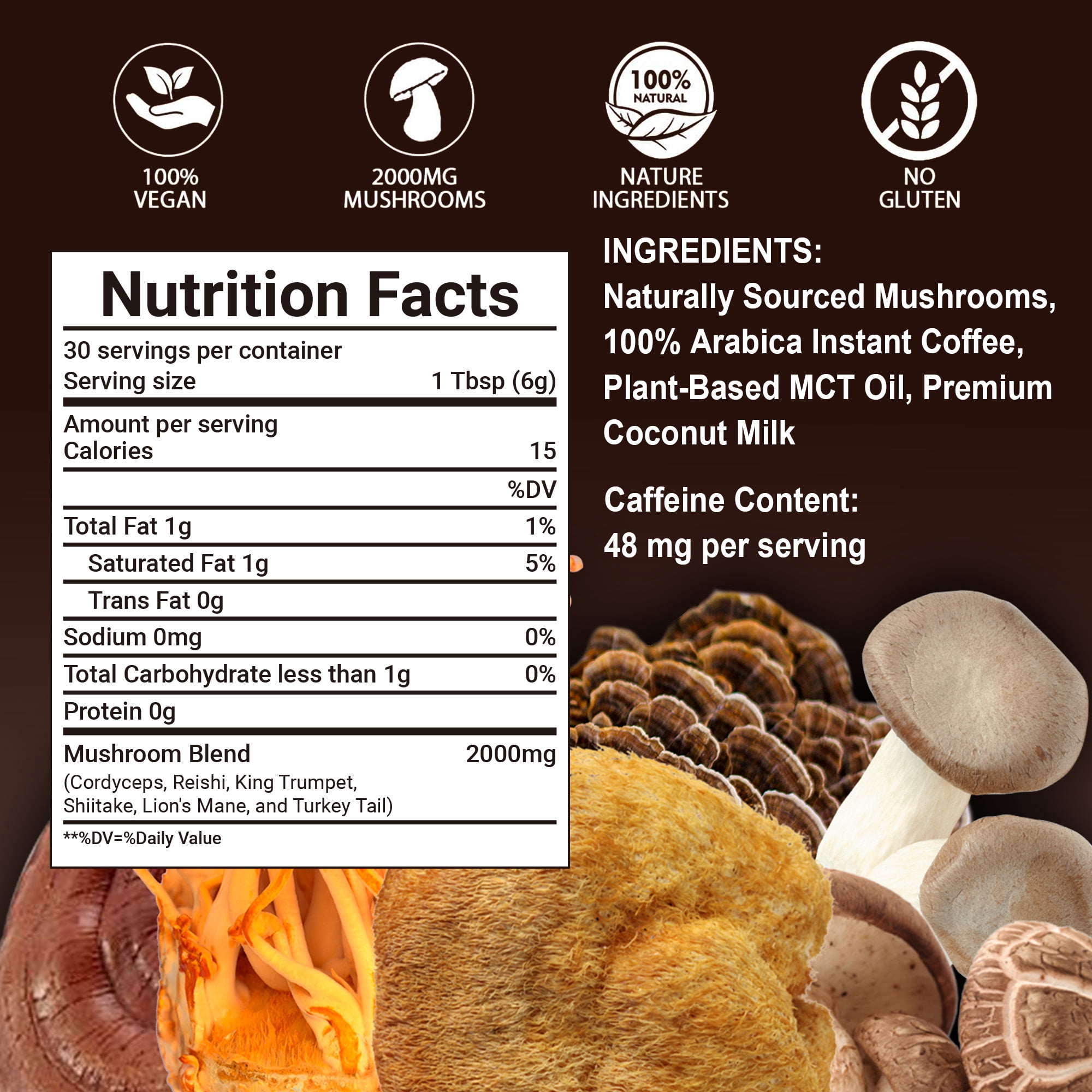 Mushroom Coffee - with 6 Mushrooms Lion’s Mane, Cordyceps, Turkey Tail & Other - for Energy, Focus, Digestion, Immunity - 30 Servings