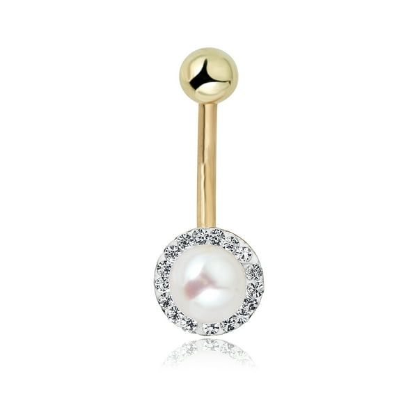 AVORA 10K Yellow Gold Cultured Freshwater Pearl and  Crystal Belly Button Ring Body Jewelry (14 Gauge)