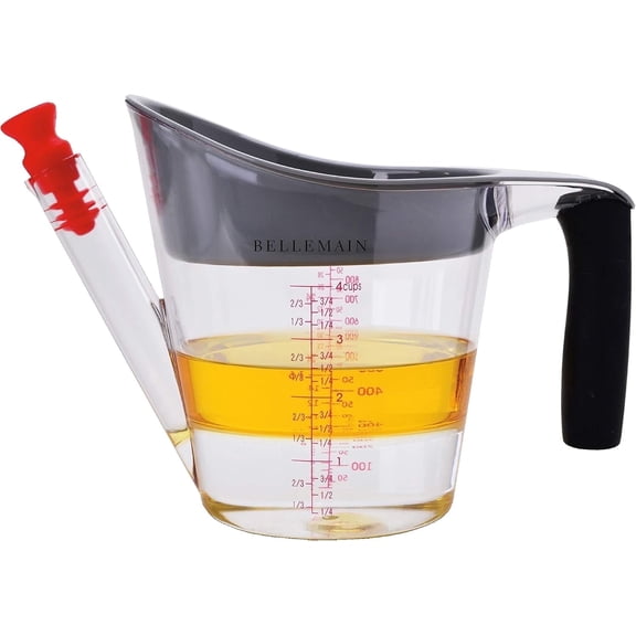 Bellemain 4-Cup Plastic Fat Separator Measuring Cup with Strainer & Fat Stopper, Clear Gray & White