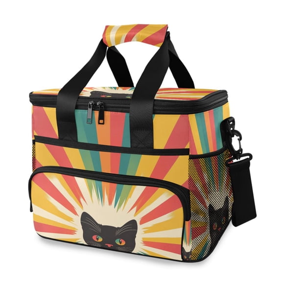 FORMRS Insulated Cooler Bag 24 Cans Capacity Soft Leakproof Lunch Box with Side Pockets, Colorful Black Cat