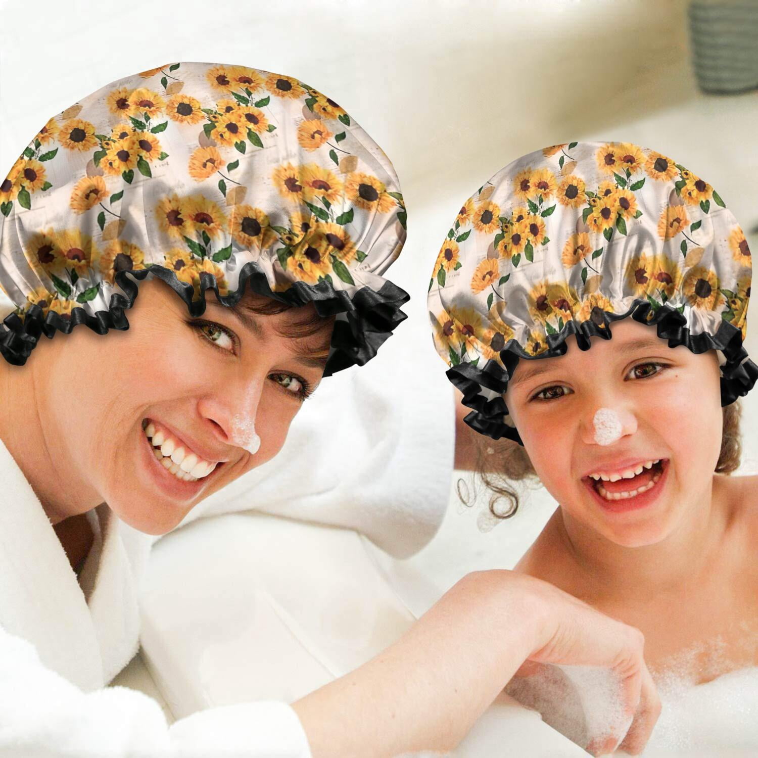Shower Caps,Beige Sunflower Pattern Waterproof Shower Cap for Women 4 Pieces,Double Reusable Hair Cover for Shower PEVA Elastic Stretch Hem