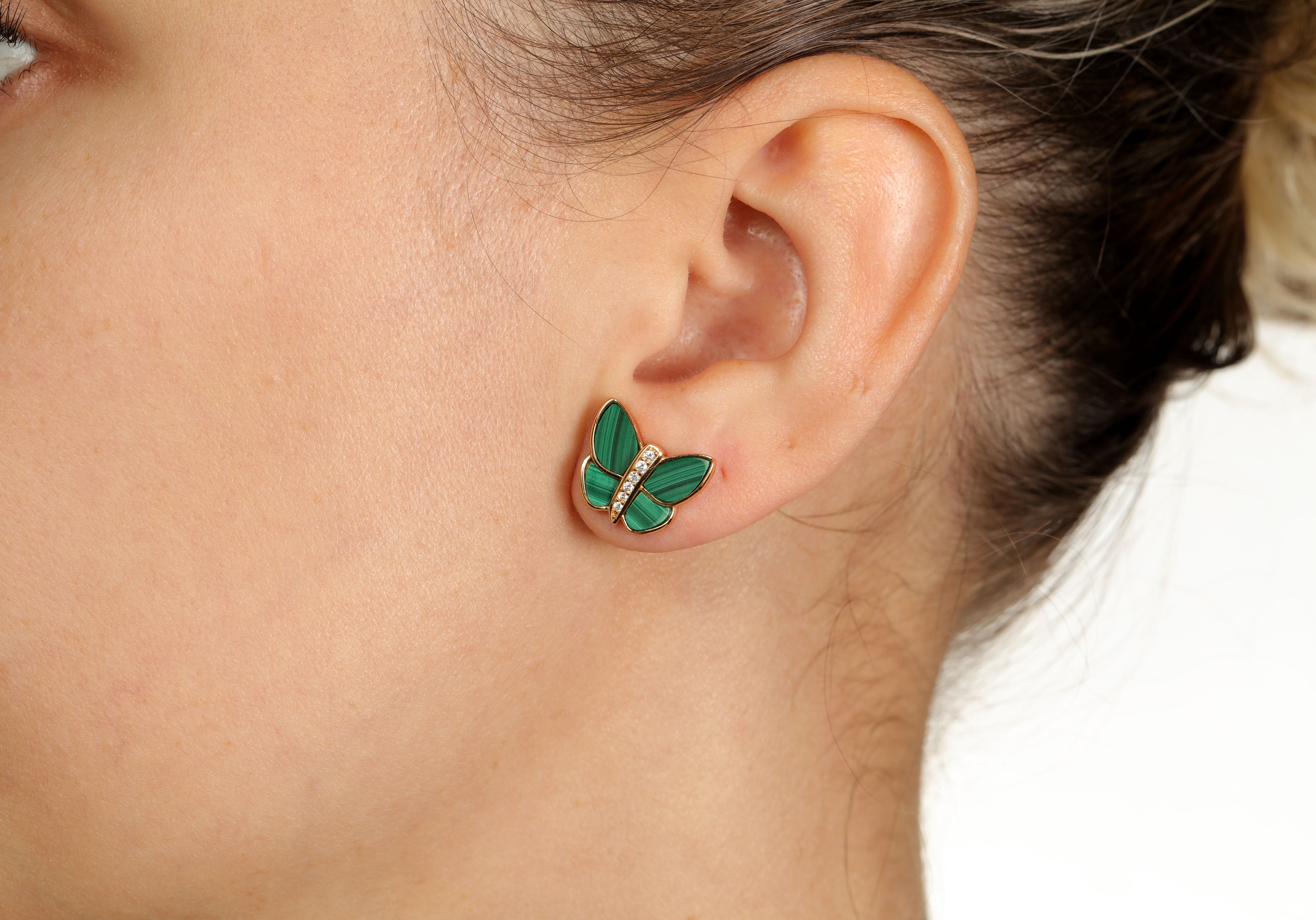 Green Malachite and Cubic Zirconia Butterfly Stud Earrings in 925 Sterling Silver with Yellow Gold Plating with Friction Back by Lavari Jewelers