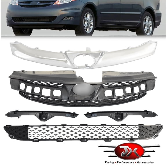 Front Bumper Grille W/Trim Set Compatible with 2006-2010 Toyota Sienna Grille Insert & Lower Grill & Grille Upper Trim Chrome & Bumper Bracket Assembly TO1200305 TO1210103 TO1036109