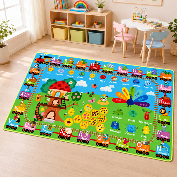 Kids Rug / Play Mat / Alphabet Rug / Learning Rug/Educational/Train Track/Non Slip / Washable