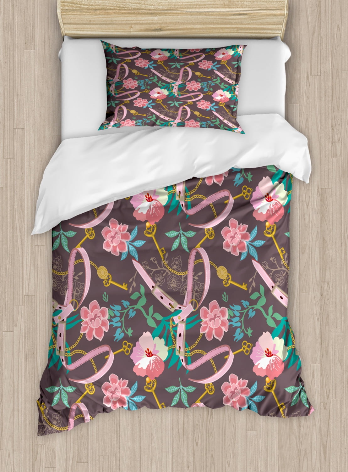 Floral Duvet Cover Set Twin Size, Print of Blooming Fashion Belt with ...