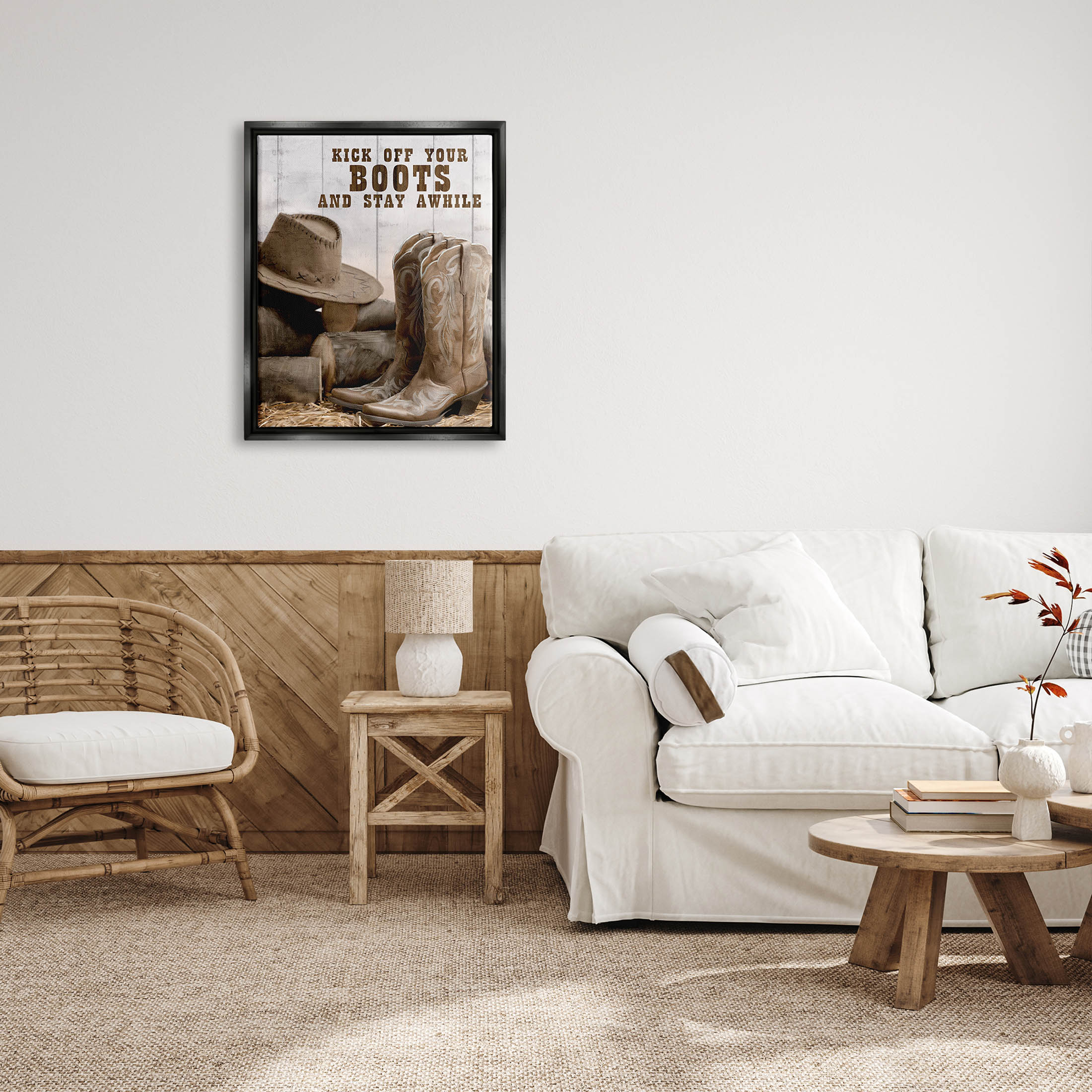 Kick Off Boots Stay Awhile Phrase Inspirational Graphic Art Jet Black Framed Art Print Wall Art