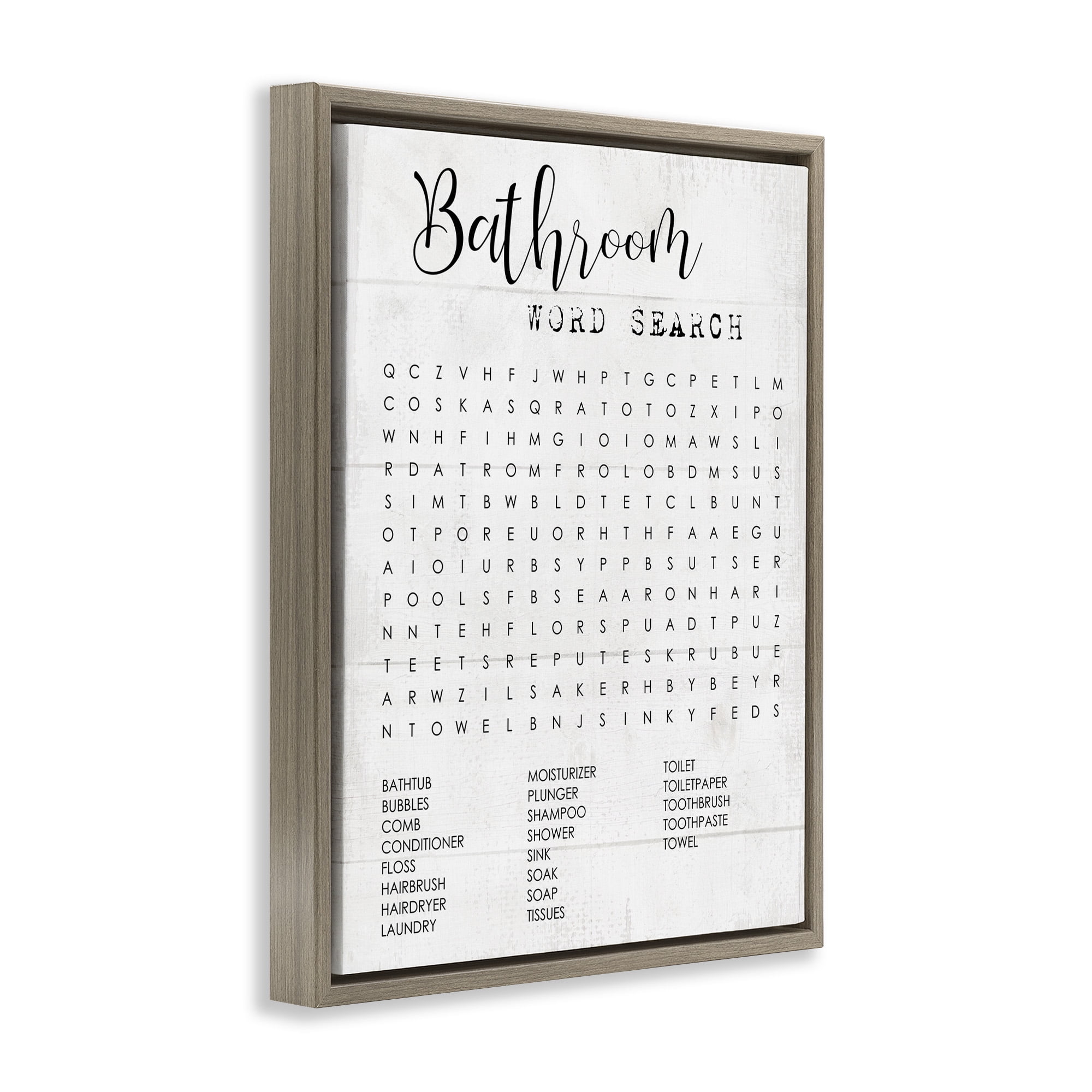 Stupell Industries Bathroom Word Search Family Fun Abstract Painting Brown Floater Framed Canvas Art Print Wall Art, 25 x 31
