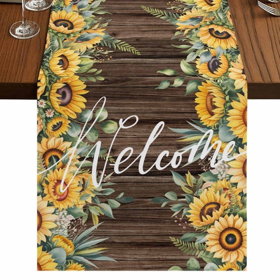 Table Runners 48 Inches Long Dress Scarves, Sunflower Farmhouse Kitchen Table Runner, Short Coffee Tablerunners, Yellow Summer Botanical Wooden Farmhouse 13x48 Inch