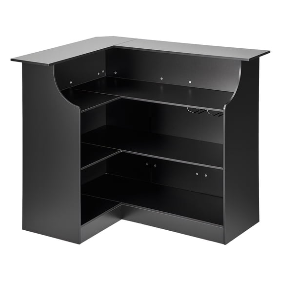 KFFKFF L-Shaped Home Bar Unit with 4-Tier Storage Shelves, Wine Glass Holder, 300 lbs Capacity, Wooden Liquor Cabinet for Kitchen, Living Room, Pub, Basement, Black