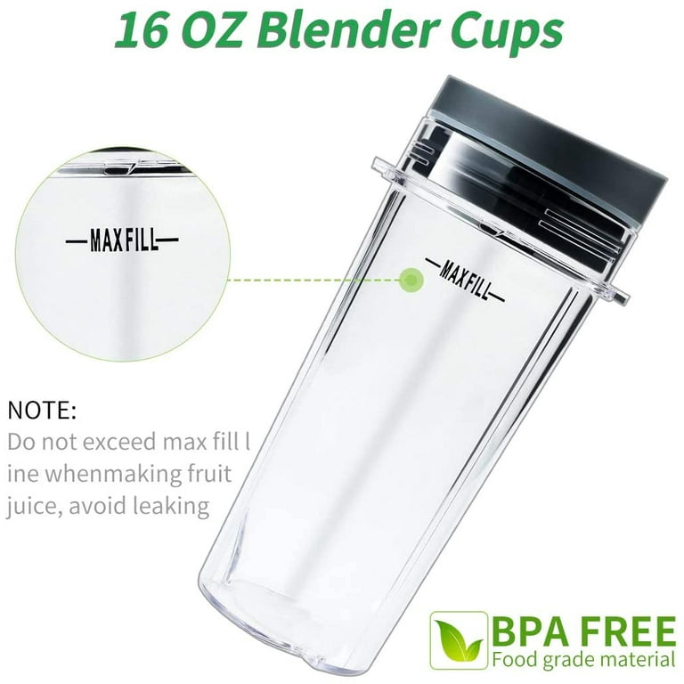 Blender 5-Fins Blade & 2 16oz Single Serve Cups with Lids Replacement Parts  for Ninja, Base Extractor Blade for Nutri Ninja Blender 700 Watts QB3000