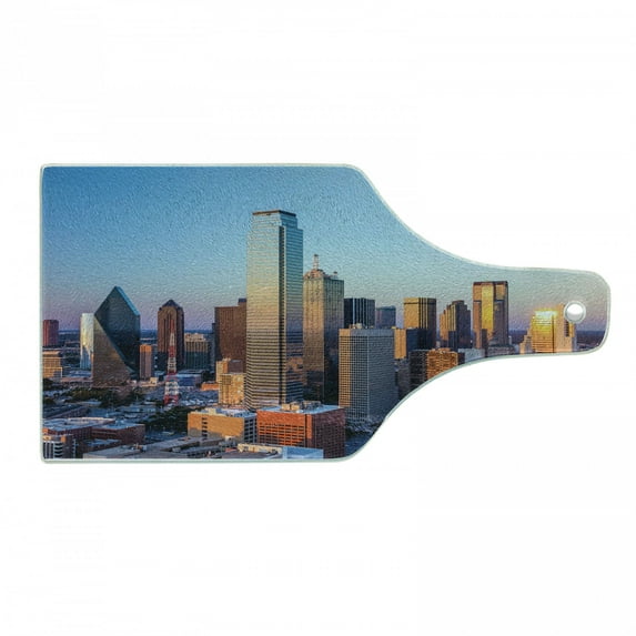 United States Cutting Board, Dallas Texas City with Blue Sky at Sunset Metropolitan Finance Urban Center, Tempered Glass Cutting and Serving Board, Wine Bottle Shape, Multicolor, by Ambesonne