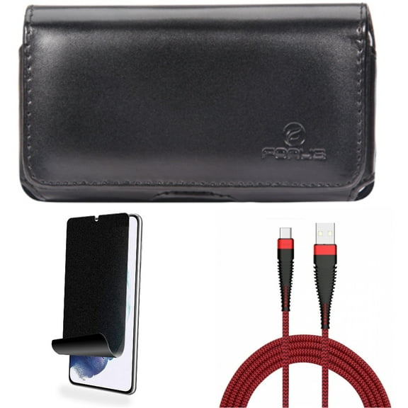 For Samsung Galaxy S21 (6.2") - Swivel Leather Case Belt Clip   Charger Cord Type-C 10ft USB Cable   [Fingerprint Works] TPU Film Privacy Screen Protector