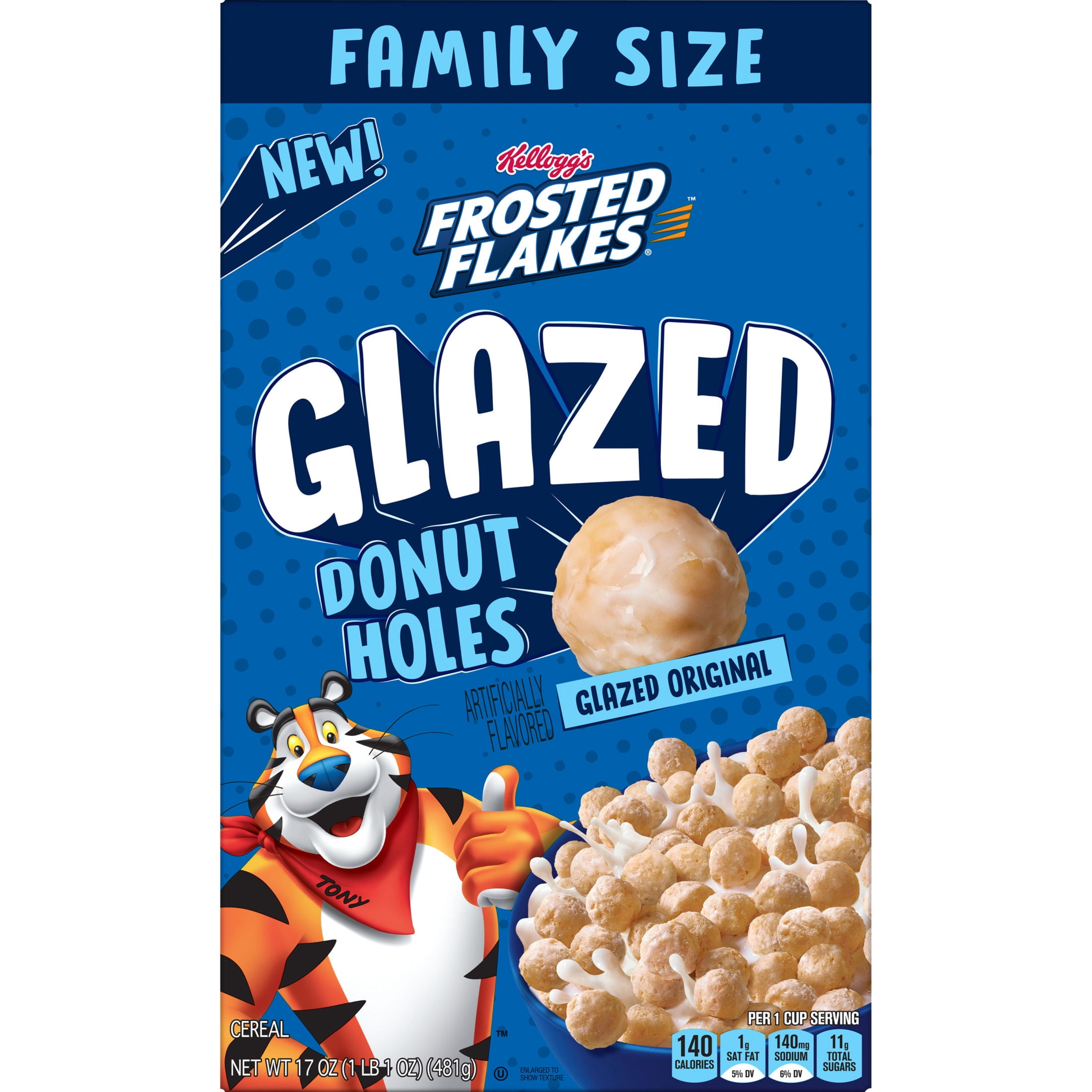 Kellogg's Frosted Flakes Glazed Donut Holes Original Breakfast Cereal, Kids Cereal, Family Size, 17 oz