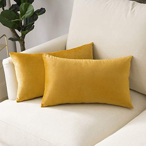 Woaboy Pack of 2 Fall Striped Velvet Throw Pillow Covers Modern Decorative Solid Cushion Covers Pillowcases Square Soft Cozy for Bed Sofa Couch Car Living Room 24x24inch 60x60cm Lemon Yellow