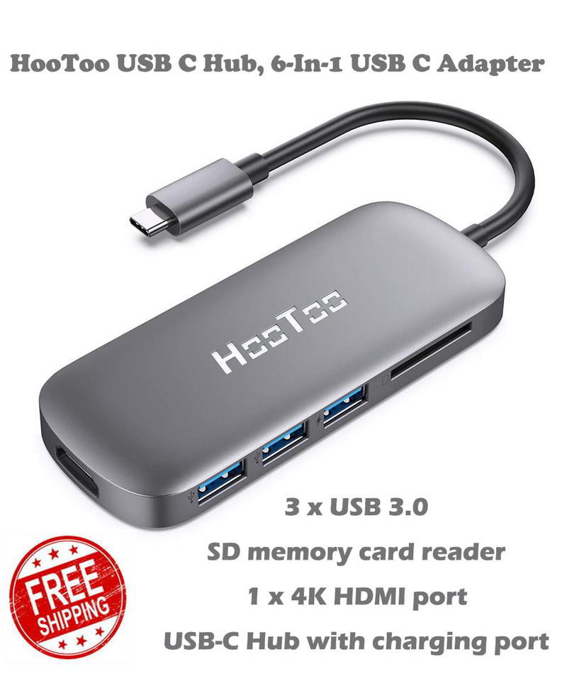 HooToo USB C Hub 6-in-1 Adapter with 4K USB C to HDMI 3 USB SD Card Reader GREY