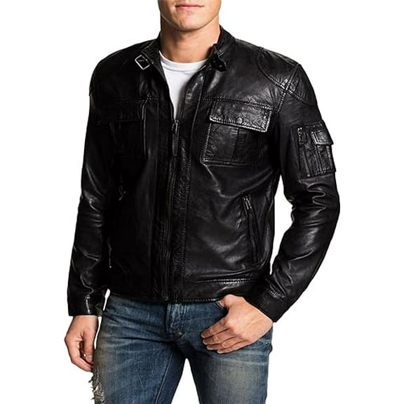 Men's Genuine Lambskin Leather Jacket Biker Soft Stylish Motorcycle Jacket A005