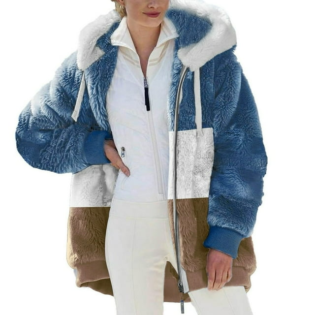 ZQGJB Reduce Womens Oversized Fuzzy Fleece Open Front Hooded Pockets Cardigan Jackets Loose Fit Sherpa Coat Color Block Print Winter Warm Plush Zip Outerwear (Purple#01 XL)