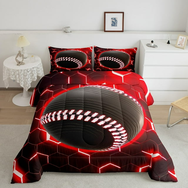 YST Ensemble de Douillette 3D Baseball Simple pour Garçons Literie de Softball Douillettes et Ensembles, Couette Décor Lumière Rouge Lumineuse Style Moderne Nid d'Abeilles Néon Courtepointe Douillette 2 Pcs, Décor de Chambre à Thème Sportif Doux