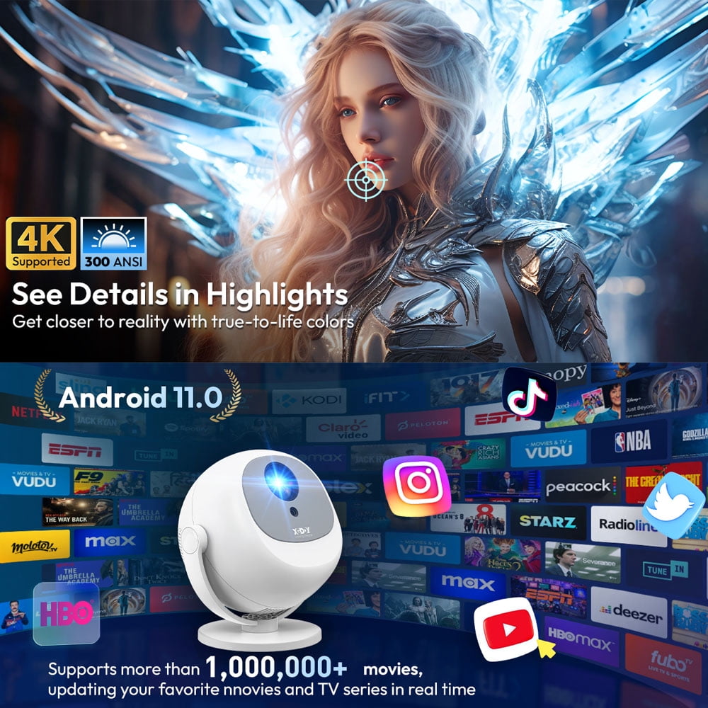XGODY A2WY 1080P 300 ANSI Smart Projector with Wifi and Bluetooth,Aspect Ratio16:9 Auto Focus for Movies/Gaming,White, 1Count