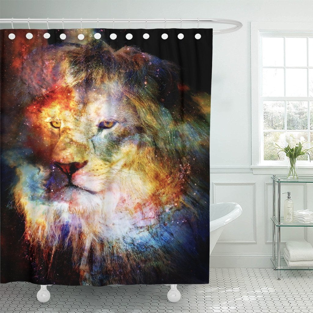 Lion in Cosmic Space Background Fabric Shower Curtain Set Bathroom Decor 72x72" 
