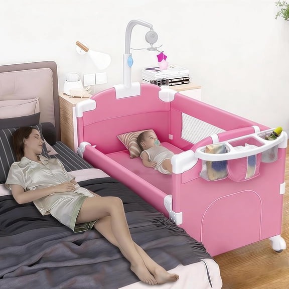 Cuna para Bebe, Cuna Colecho para Bebe Junto a La Cama con Cambiador de Pañales, Colchón, Barra de Juguetes