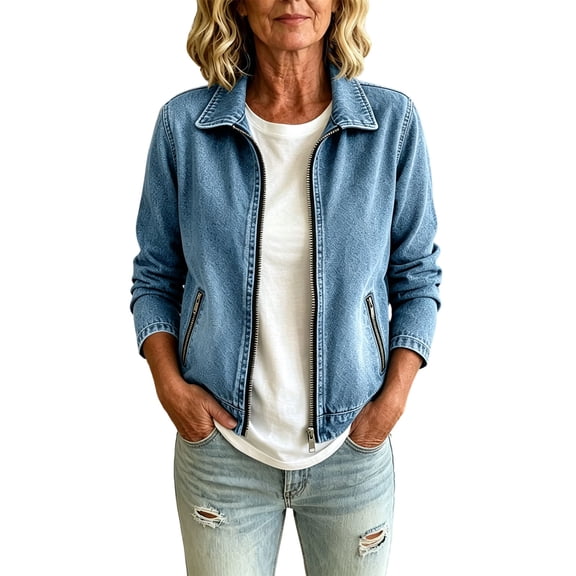Stamzod Denim Jacket for Women 2026 Fashion Vintage Long Sleeve Jean Jackets with Pocket Collared Zip Up Fall Coats Sky Blue XL