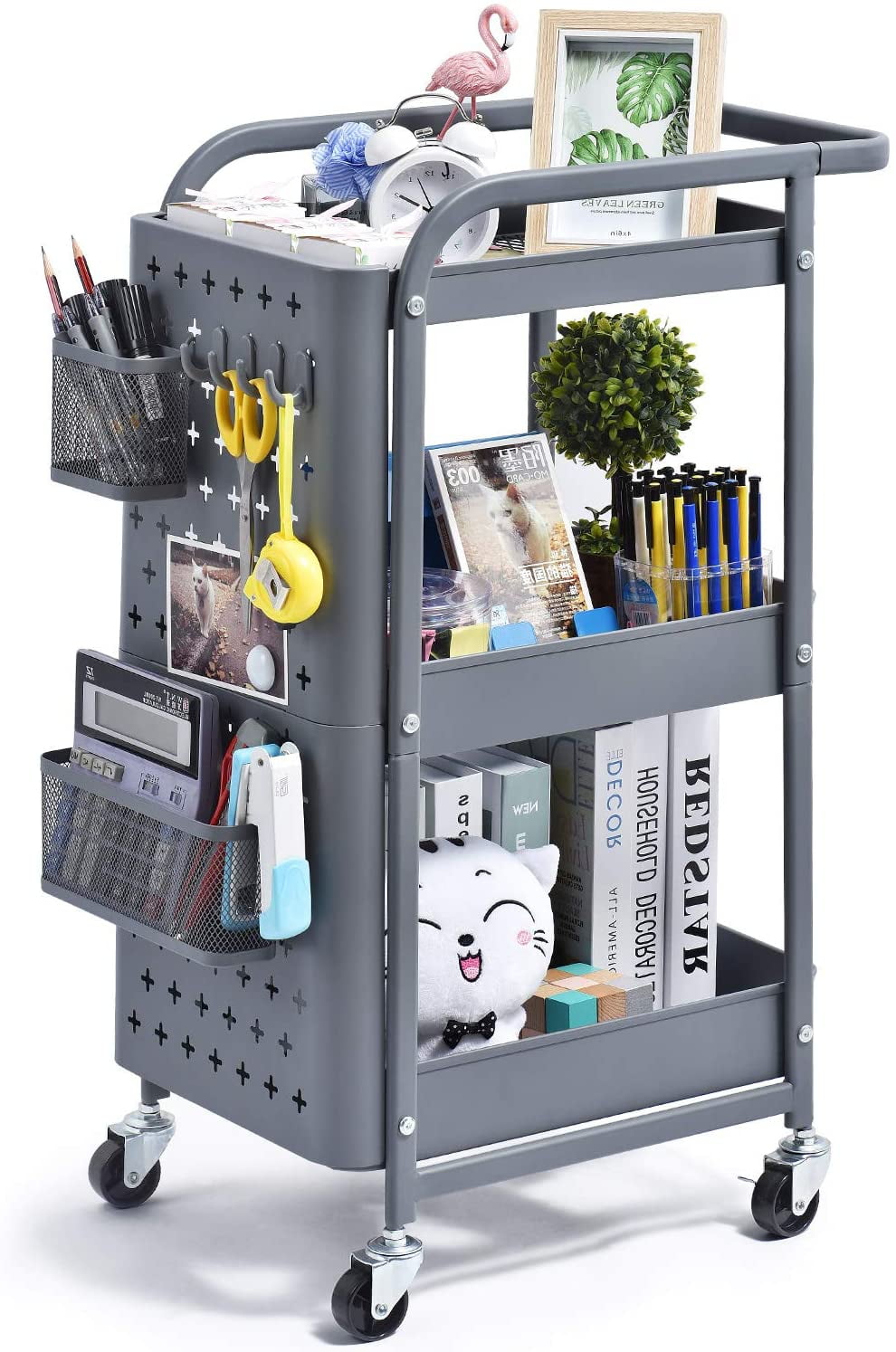 Metal Utility Cart with Removable DIY Pegboard Pink Trolley Organizer with 2 Lockable Wheels and 4 Extra Hooks for Kitchen Bathroom Home Art, 3-Tier Storage Rolling Cart Craft Office 
