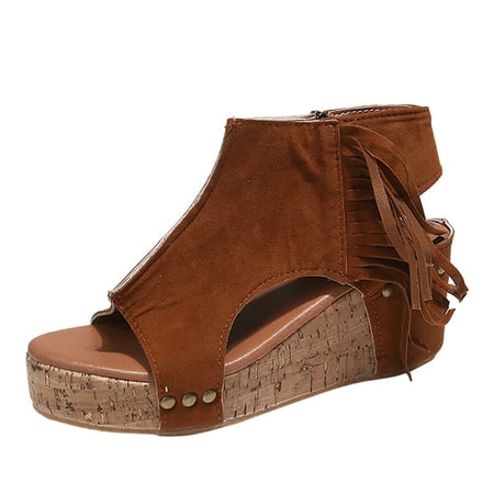

GYUJNB Wedge Sandals for Women Dressy Women Summer Flock Slip On Tassels Casual Open Toe Wedges Soft Bottom Breathable Slippers Shoes Sandals Size 7.5