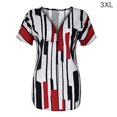 thumbnail image 1 of T-shirt pour Femme à Col en V, Haut à Rayures, Blouse Courte, Manches à Col en V, Blouse Ajustée à Fermeture Éclair, Rouge, 3TG, 1 of 5