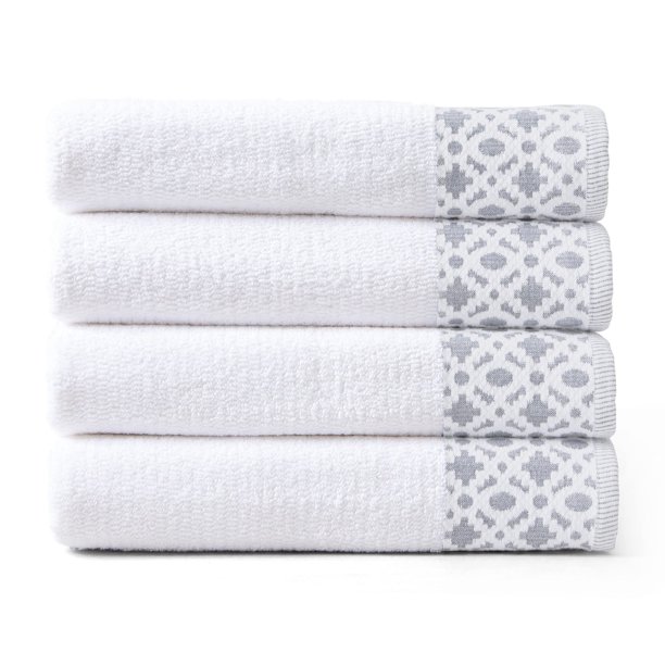Market & Place Juego De Toallas De Baño De Lujo 100% Algodón | Súper Suave Y Altamente Absorbente | Borde Decorativo Texturizado | Incluye 4 Toallas De Baño | Colección Nitra (Blanco/Gris Claro)