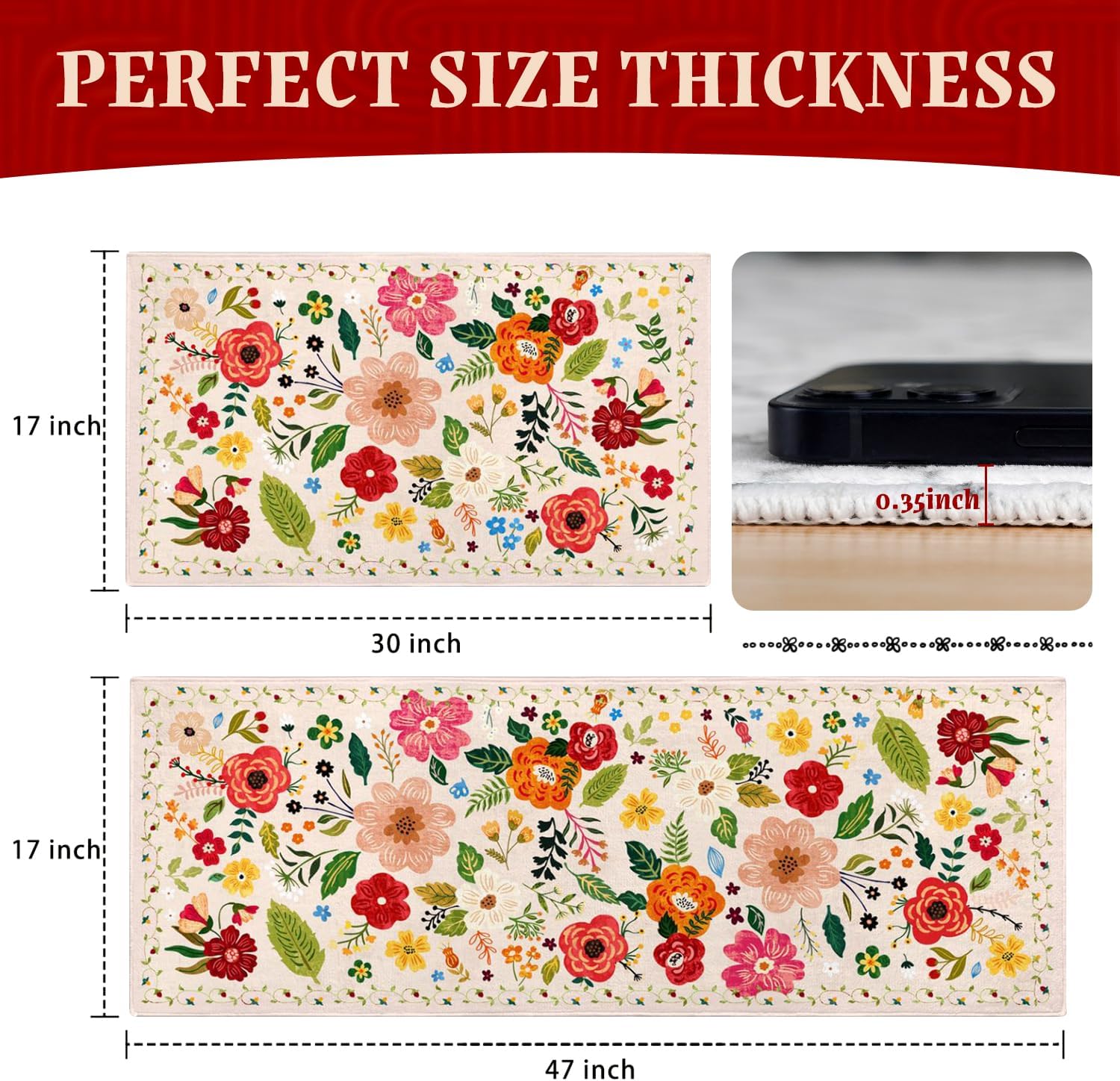 Kitchen Rugs and Mats Non Skid Washable Set of 2,Boho Floral Modern Farmhouse Bohemian Kitchen Runner Rugs with Rubber Backing for Kitchen Decor and Accessories (Green 17"x47"+17"x30")