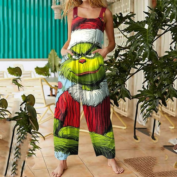 Christmas One Piece Jumpsuits For Women Xmas Print Overalls Adjustable Strap Jumpsuit Christmas Outfit 01-Army Green S