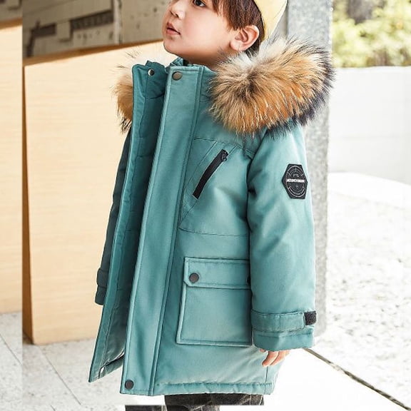 Trikvn Boys Winter Parka Coat with Faux Fur Hood Heavyweight Warm Puffer Jacket Windproof Outerwear with Pockets for Kids Snow Ski Cold Weather Adventure