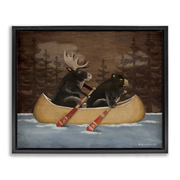Stupell Industries Farmhouse Canoeing Animals Rustic Woodland Black Floating Frame Canvas Art, 21 x 17, by Stephanie Workman Marrott