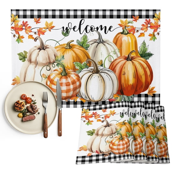 Pumpkins Thanksgiving Placemats Set of 4, Fall Black White Plaid Farmhouse Pumpkin Washable Wipeable Table Mats for Dining Tables, Indoor Outdoor Kitchen Place Mats for Holiday Party Table Decor