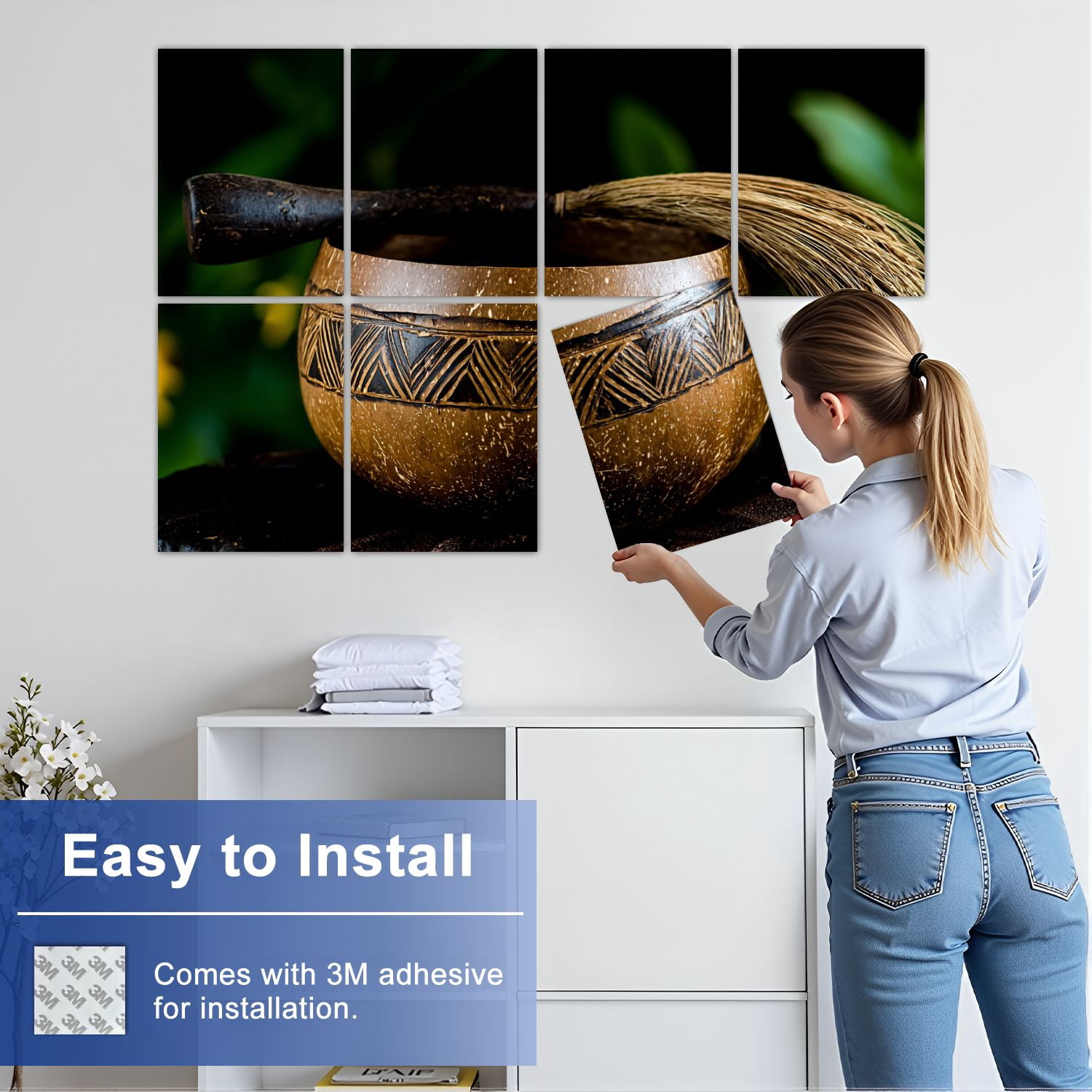 8 Pack Art Acoustic Panels Sound Absorbing Bowl Front View Palm Tree Coconut Decorative Soundproof Wall Panels Self Adhesive for Nursery Game Room Bedroom 48"x32"
