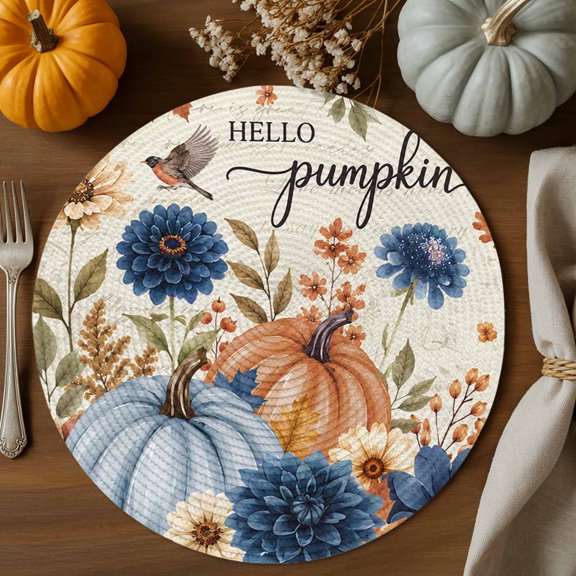 Hello Pumpkin Round Braided Placemats Set of 2, Thanksgiving Fall Orange Blue Pumpkin Bird Floral Heat Insulation Place Mats Washable Non-Slip Table Mats for Kitchen Dining Party, 13 Inches