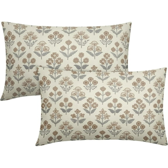 Brown Grey Gray Floral Pillow Covers 12x20 Inch Set of 2, Block Print Lumbar Flower Cream Decorative Throw Pillowcases Outdoor Farmhouse Rectangle Cushion Covers Spring Summer Sofa Couch Bed Decor