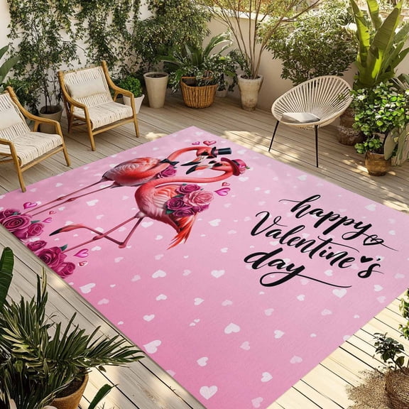 Valentine's Day Outdoor Rug for Patio/Deck/Porch, Non-Slip Large Area Rug 5 x 7 Ft, Flamingos Roses Love Romance Ombre Pink Indoor Outdoor Rugs Washable Area Rugs, Camping Rug Carpet Runner