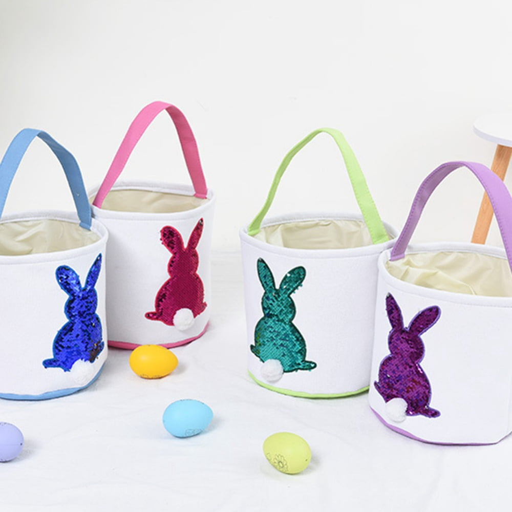 Easter Bunny Basket Bags for Kids, Sequin Rabbit Pattern Egg Basket Hunt Bags Canvas Cotton Bucket with Fluffy Tail for Easter Eggs, Candy, Gift