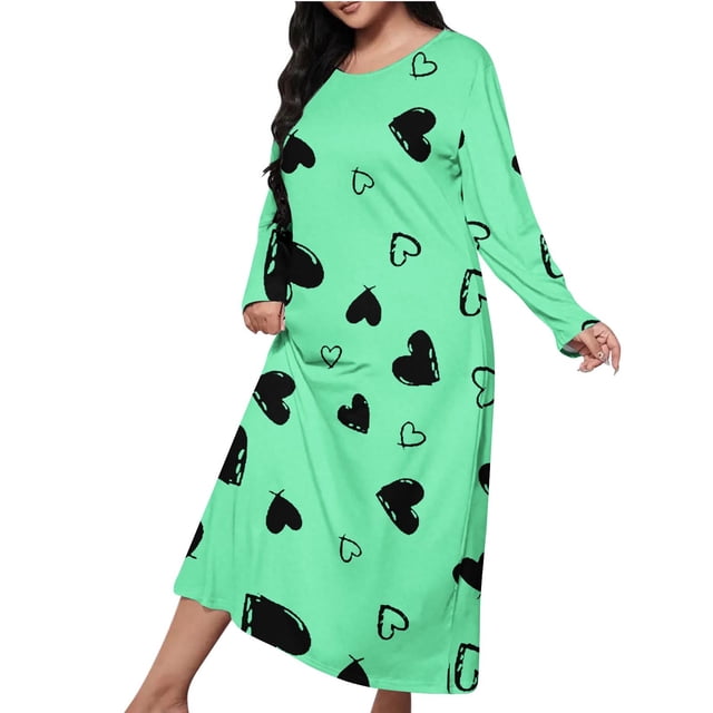 Chemises de Nuit Oversize pour Femmes, Douces et Confortables, Robe de Pyjama à Manches Longues, Mignonne Imprimée, Maxi Ample, Grande Taille (Vert Armée1#, 3TG)