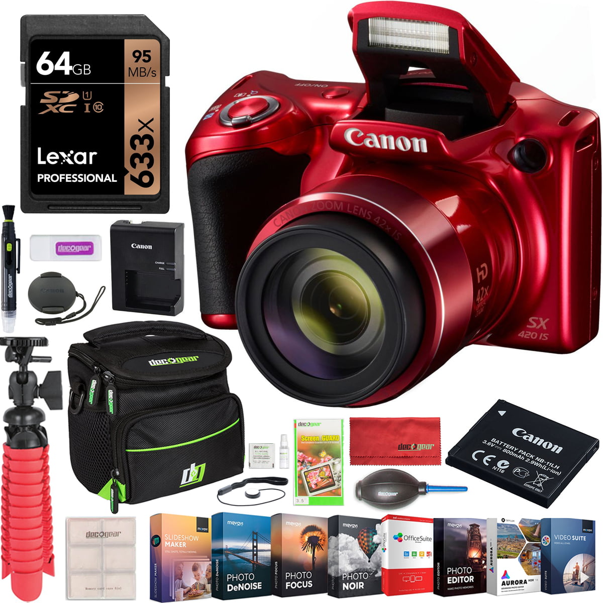 Canon PowerShot SX420 Digital Camera w/ 42x Optical Zoom Ultra Wide-Angle  Lens Wi-Fi & NFC Red 1069C001 Bundle with Deco Gear Travel Case + 64GB Card  + Tripod + Software & Accessories