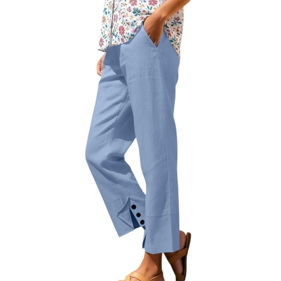 VEKDONE Cotton Straight Trousers for Women Elastic High Waisted Lounge Pants Casual Lightweight Comfy Button Split Long Pants with Pockets Light Blue XXL