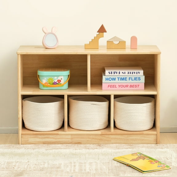 MEEYOO Solid Rubberwood Storage Cabinet 35.4L", 5-Compartment Kids Bookcase and Toy Organizers, Ideal Montessori Book Shelf for Kids Rooms, Playroom, Nursery, Classroom, Kindergarten