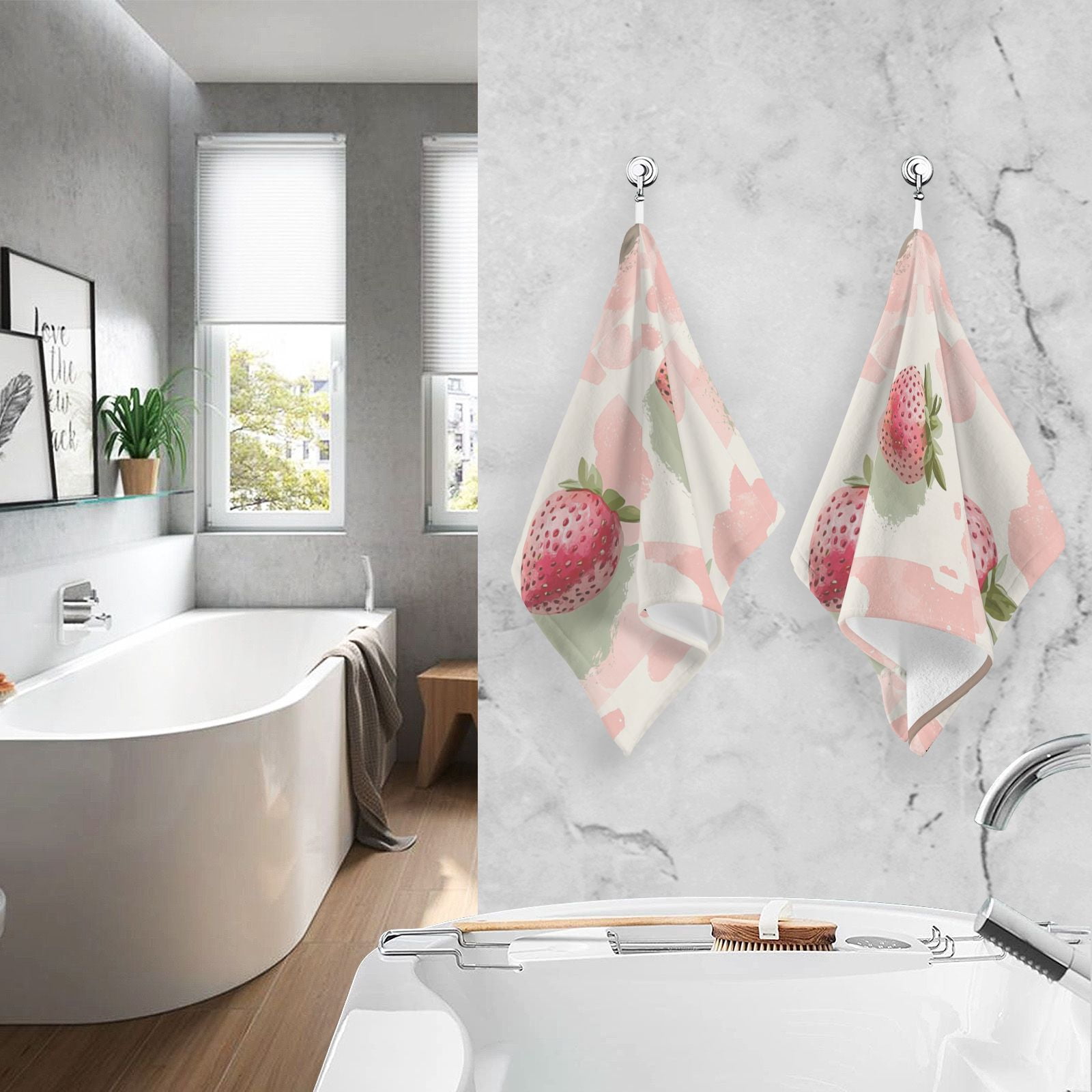 Pink Straberrys in Grids Hand Towels Cotton Bath Towels Large Face Towels Absorbent for Bathroom 2 Packs
