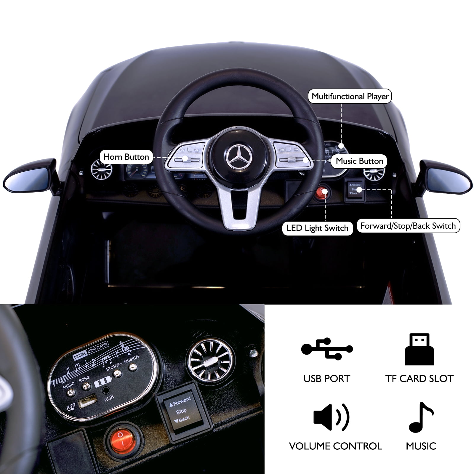 Bopilon Kids Electric Ride on Car with Remote Control, 12V Licensed Mercedes Benz Kids Car Battery Powered Electric Vehicles Toy Car, Adjustable Speed, Safety Belt, Music&LED Lights(Black)