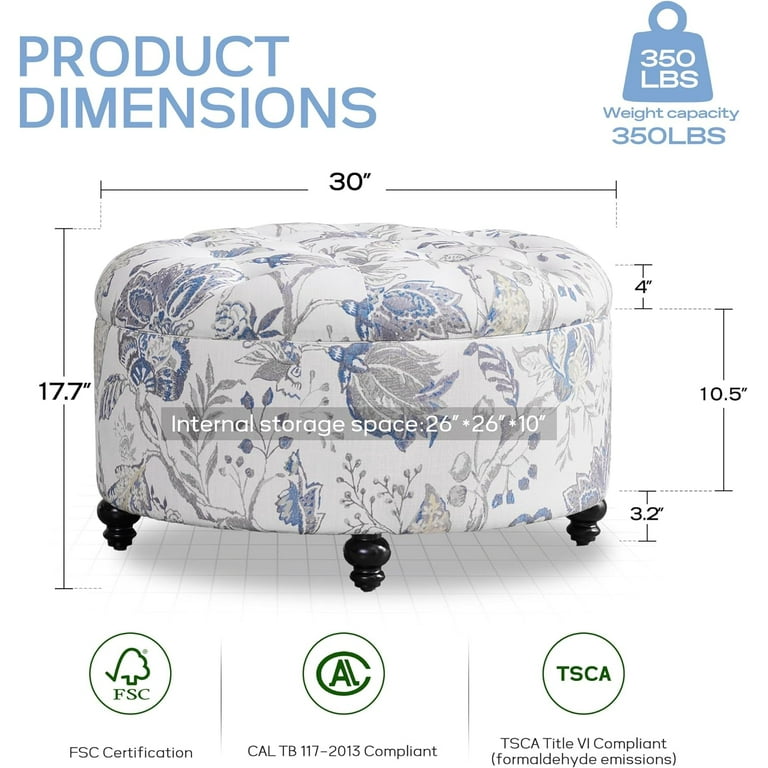 HUIMO 30.1-Inch Round Storage Ottoman, Upholstered Button Tufted 