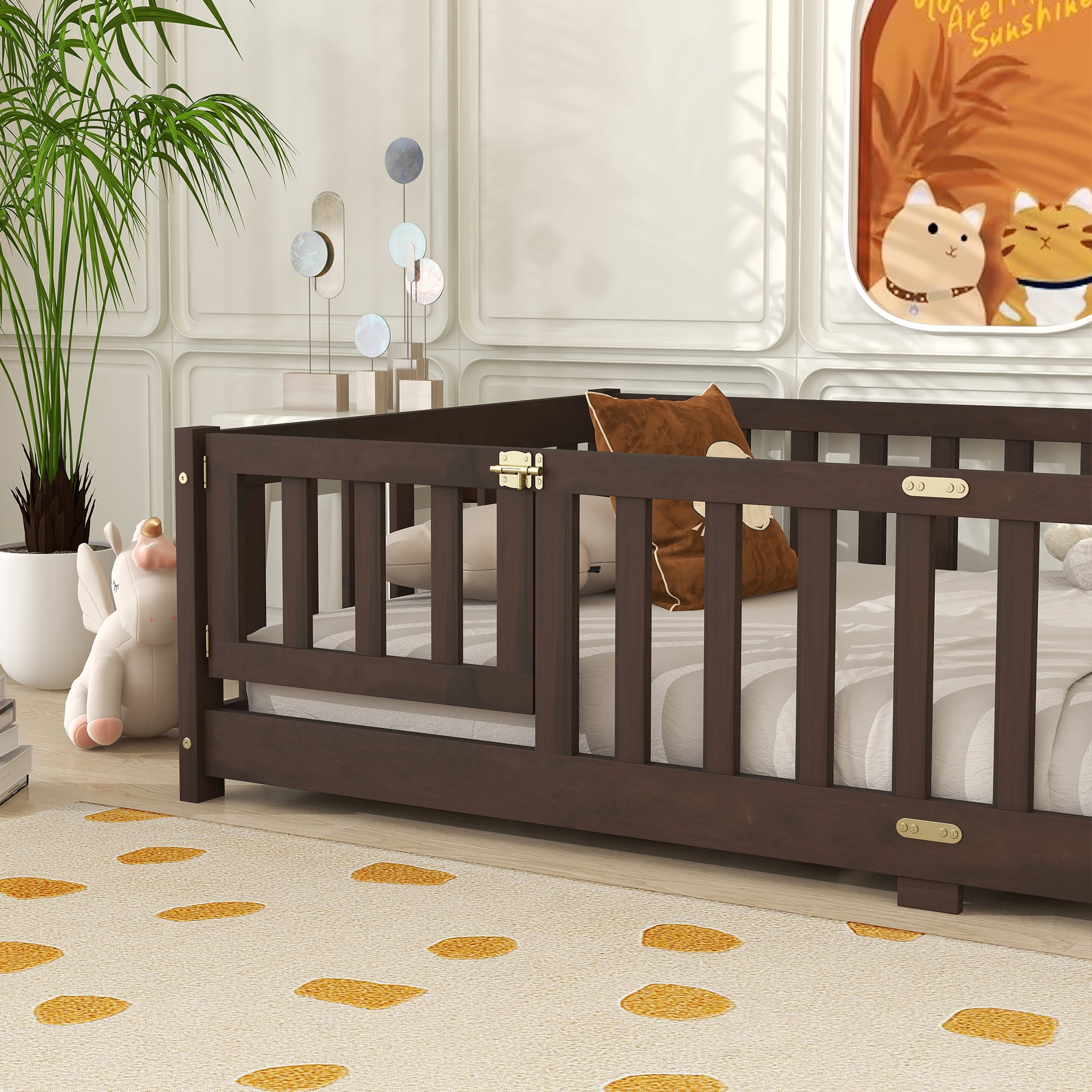 Miniyam Wood Twin Size Floor Bed Guardrails for Kids, Espresso