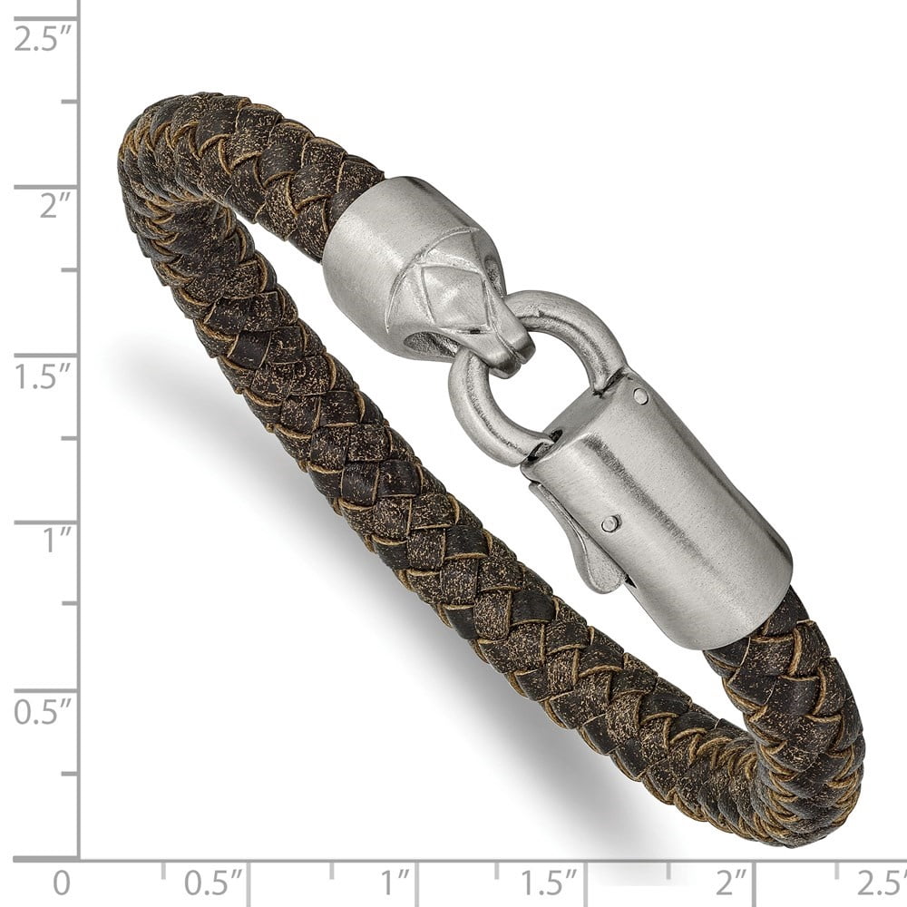 Diamond2Deal Stainless Steel Brushed Brown Braided Leather Bracelet for Men 8.25"